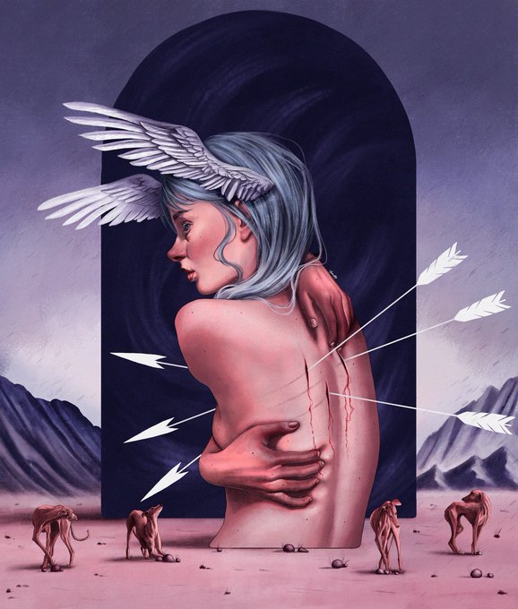 A surrealist painting depicting a figure with white wings on their head being pierced by arrows in a desert landscape with an arched background.