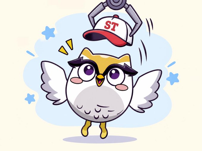 A cartoon owl mascot triumphantly tosses a red and white cap reading "ST" into the air, celebrating the project's removal from the ST zone on BingX, with the post's message about $OWL's progress conveyed through the joyful, celebratory pose.