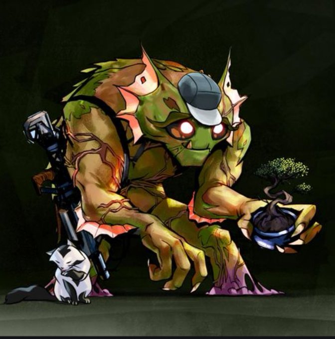 A green, mutant zombie-like ape wearing a blue cap holds up a small bonsai tree and an assault rifle, while a small white cat sits at its feet. The artwork ties into the post's reference to "10KTF" by showcasing one of its iconic grail items—the bonsai—alongside a Bored Ape character, blending the two NFT collections into a single dark, stylized scene.