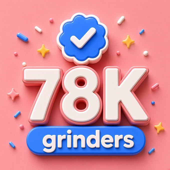 A 3D-rendered graphic displays '78K grinders' in bold white and blue lettering on a pink background, accented with a verification checkmark badge and colorful confetti.