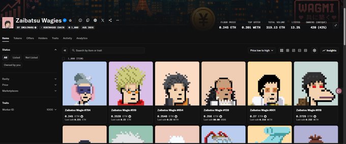 Screenshot of a NFT marketplace page titled 'Zaibatsu Wagies' displaying a collection of pixel art character portraits with various prices in ETH, including stats showing 0.246 ETH floor price, 0.201 ETH top offer, and 319.13 ETH total volume.