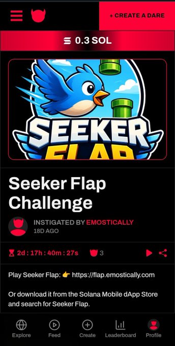 A mobile app screen displays the "Seeker Flap Challenge" featuring a Flappy Bird-style blue bird and green pipes, with a cost of 0.3 SOL, instigation credited to EMOSTICALLY 18 days ago. The image supports the post's comment about the 0.3 SOL price tag for a simple flappy bird-style game dare.