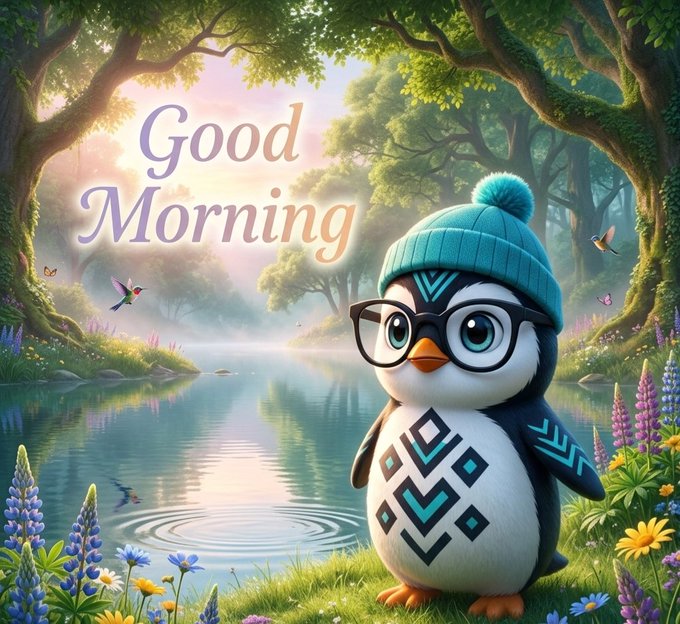 Digital illustration of a cute cartoon penguin wearing a teal beanie and glasses, standing by a serene lake with 'Good Morning' text, surrounded by lush greenery and colorful flowers.