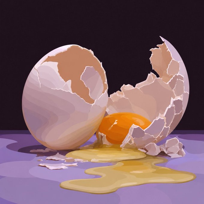 A digital illustration of a cracked eggshell with the yolk spilling out onto a purple surface against a dark background.