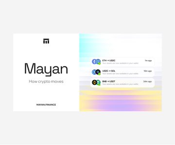 A promotional graphic for 'Mayan' by MEXC with the tagline 'How crypto moves,' showing three tokens (ETH, USDC, BNB) with '+50%' bonus offers on deposits.