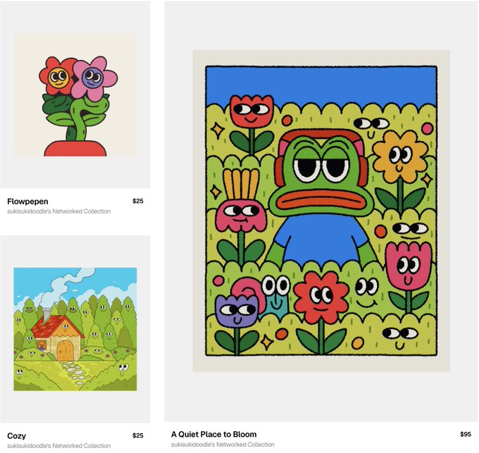 A digital art marketplace display showing three NFT-style illustrations by sukiusukidoodle: 'Flowepen' ($25), 'Cozy' ($25), and 'A Quiet Place to Bloom' ($95), featuring colorful cartoon flowers and characters.