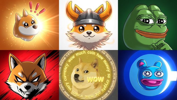 Grid of six meme coin images featuring a shocked Shiba Inu, a viking Shiba, Pepe the Frog, an angry fox, a Dogecoin coin reading 'WOW', and a blue gummy bear.