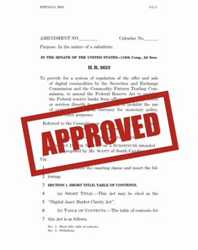 A U.S. legal document titled 'AMENDMENT NO.' to H.R. 3633 regarding digital commodities and the Securities and Exchange Commission, stamped with a large red 'APPROVED' mark.
