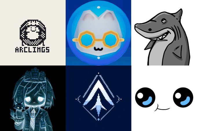 A collage of six digital illustrations and logos, including 'ARCLINGS' pixel art, a white cat with orange octagon glasses, a grey shark, a blue-eyed anime-style character, a geometric arrow symbol, and a simple smiley face.