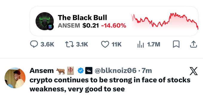 A screenshot of a tweet from Ansem (@blknoiz06) stating "crypto continues to be strong in face of stocks weakness, very good to see," contrasted with a "The Black Bull" (ANSEM) token showing a sharp -14.60% drop to $0.21. The image highlights the irony of Ansem's bullish crypto claim while his own meme coin is visibly tanking, matching the poster's criticism.
