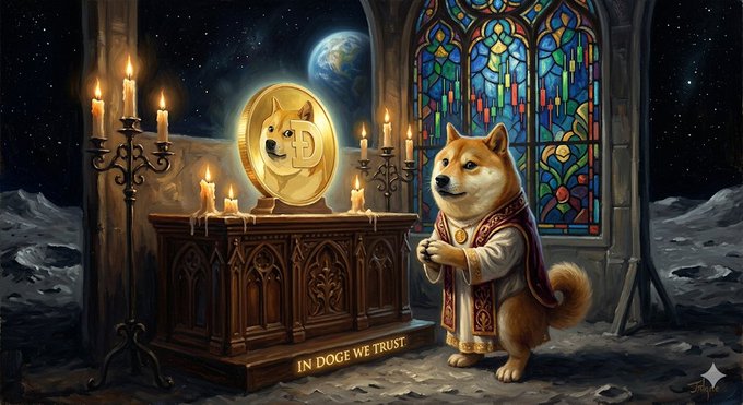 The image features a dog dressed as a priest standing next to a wooden table with a coin on top of it. The coin has a doge symbol on it, which adds a whimsical touch to the scene. The background shows a church window adorned with stained glass and a planet in space, creating an artistic and imaginative atmosphere. The caption "In Dog we trust" is written above the dog's head, reinforcing the theme of trust and faith.