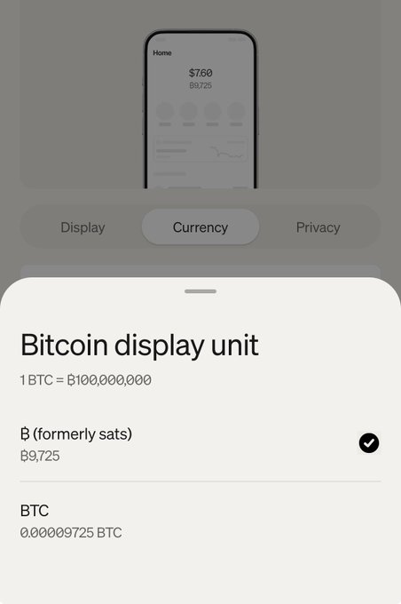 A smartphone screen displays a Bitcoin wallet settings menu with the "Bitcoin display unit" option selected, showing ₿9,725 (formerly sats) as the current setting versus 0.000009725 BTC. The image relates to the post about Bitkey by showcasing its cryptocurrency display preferences, emphasizing the ₿ased branding with the bitcoin symbol usage.
