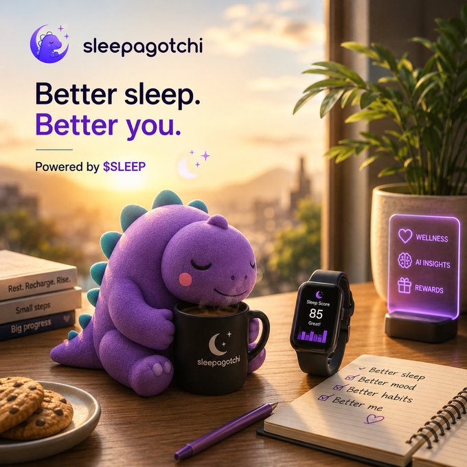 The image features a desk with various items related to sleep and wellness, including a purple stuffed animal, a black watch displaying a temperature reading of 55 degrees, a mug filled with coffee, cookies, and a notebook. The background shows a sunset over a city skyline, creating an atmosphere that promotes relaxation and restful sleep. The post about @SLEEPagotchi emphasizes the importance of combining data collection tools with AI-powered insights to create a more personalized approach to healthier habits and better understanding of one's wellness needs.