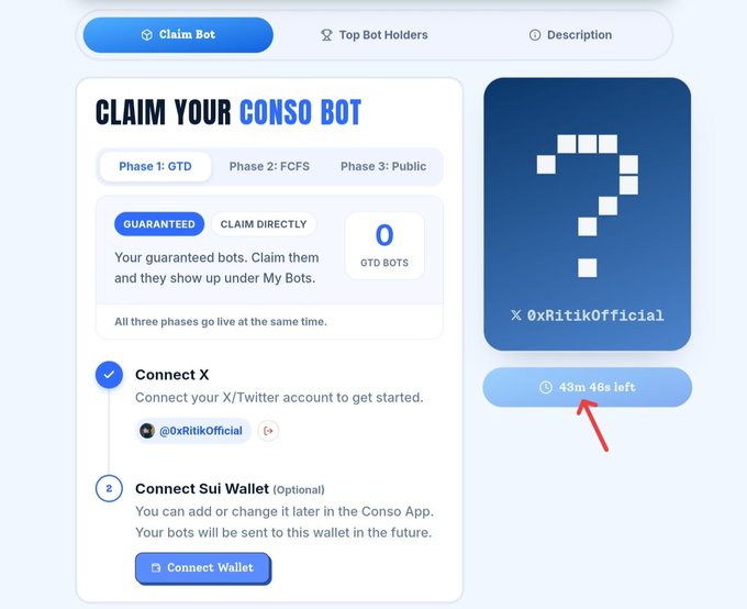 A “CLAIM YOUR CONSO BOT” page shows “Connect X” as complete, “Connect Sui Wallet (Optional)” pending, and a countdown reading “43m 46s left.”