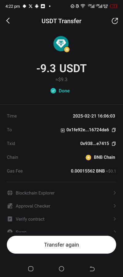 A cryptocurrency transaction confirmation screen showing a successful USDT transfer of -9.3 USDT (~$9.3) on the BNB Chain, dated 2025-02-21.