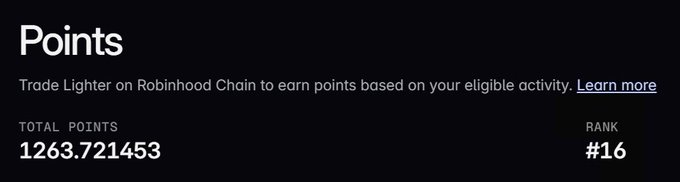 A digital dashboard displays 'Points' with the message 'Trade Lighter on Robinhood Chain to earn points based on your eligible activity.' It shows a 'TOTAL POINTS' value of 1263.721453 and a 'RANK' of #16.