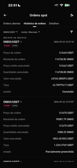 A mobile screenshot of a cryptocurrency trading app showing spot order history for ONDO/USDT pairs with details including prices, amounts, and statuses in Portuguese.