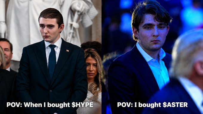 The image shows two pictures of men dressed up in suits, one man wearing a suit that says "POV" while another man wears a suit with an advertisement for $0.65. Below these photos are two posts. One post reads, "When bought $HYPE POV: ?" and the other post states, "Today - $0.66 [92.9%]". The text in both posts seems to be related to buying or selling something.