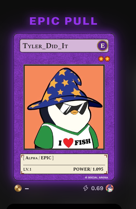 An 'EPIC PULL' digital collectible card featuring a penguin wearing a wizard hat and sunglasses with an 'I ♥ FISH' shirt, belonging to user 'Tyler_Did_It' with power rating 1,095.