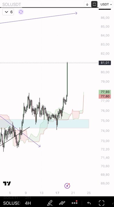 The image is a TradingView 4H candlestick chart of SOL/USDT showing a sharp price spike upward to the highlighted $81.01 level, directly reflecting the post's celebration of SOL hitting the $80 target after a recent breakout from the consolidation range near $73-$75.