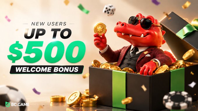 A BC.GAME advertisement showing an anthropomorphic crocodile in a suit and sunglasses inside a gift box filled with gold coins, with text reading "NEW USERS UP TO $500 WELCOME BONUS".