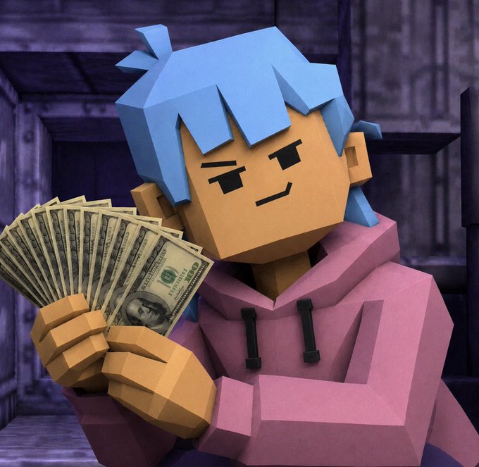 3D rendered blocky/voxel-style character with blue hair and a pink hoodie smirking while holding a fan of US dollar bills.