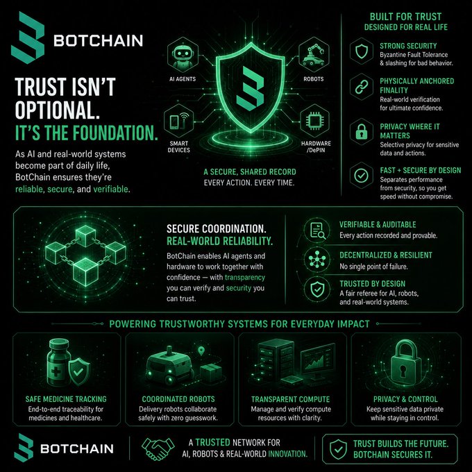 BotChain promotional graphic featuring a central green shield logo surrounded by icons for AI Agents, Robots, Smart Devices, and Hardware/DDPIN, with marketing text emphasizing trust, security, and decentralization for AI and real-world systems.