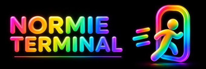 Neon rainbow-colored logo reading 'NORMIE TERMINAL' with an icon of a running figure exiting a portal on a black background.