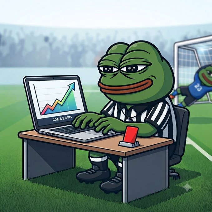 An illustration of the Pepe the Frog meme dressed as a soccer referee sitting at a desk on a soccer field, typing on a laptop displaying a chart labeled 'GOALS & WINS' with an upward trend, while a goalkeeper is visible in the background.