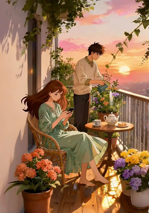 An anime-style illustration depicting a young woman with brown hair in a green dress sitting on a wicker chair on a balcony looking at her phone, while a young man in a beige sweater waters plants nearby, all bathed in the warm glow of a sunset.