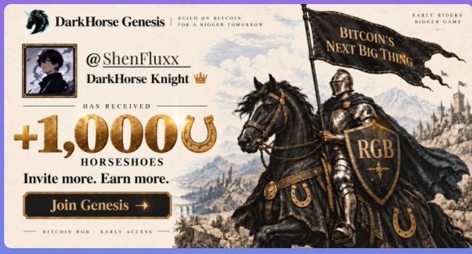 A promotional banner for DarkHorse Genesis showing user @ShenFluxx (DarkHorse Knight) receiving +1,000 horseshoes, themed around 'Bitcoin's Next Big Thing' with an armored knight on horseback carrying an RGB shield.