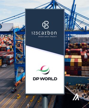 A promotional banner overlaying a shipping port with cranes, featuring logos for '123Carbon' (Shape Your Impact) and 'DP WORLD'.