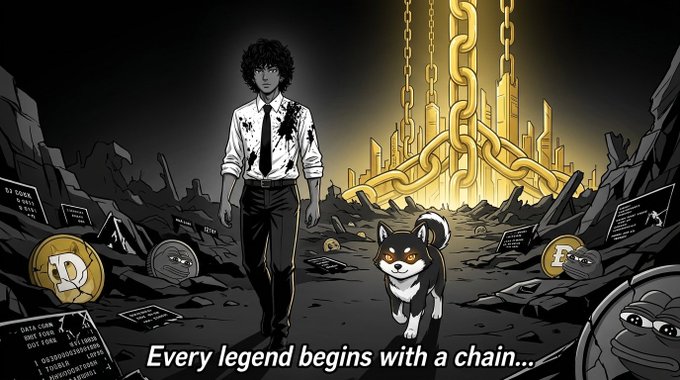 A young man in a blood-stained white shirt and tie stands in a desolate, debris-filled wasteland alongside a husky dog, with massive golden chains and an illuminated golden cityscape rising in the background. The phrase "Every legend begins with a chain..." is displayed at the bottom, symbolizing how MAME originated on BNB Chain to rescue meme culture.