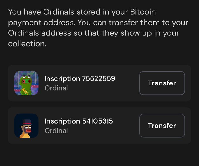 A notification in the Xverse wallet showing two Ordinals—Inscription 75522559 (a green frog) and Inscription 54105315 (a pixelated character)—stored in the user's Bitcoin payment address, each with a "Transfer" option to move them to the Ordinals collection. The image illustrates the post's point about Xverse's ability to seamlessly detect and separate Ordinals when transferring Bitcoin between wallets.