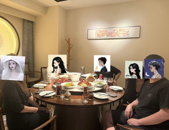 A group of people gather around a round banquet table filled with dishes, with cartoon-style portrait signs placed on chairs to represent absent guests, and contextual tags like @0xMayyy, @Drum712618, @CCPiggy_, and @EthRosamond as mentioned in the welcome post.