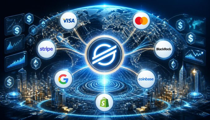 Concept image showing a stablecoin (USDC) at the center connected to major companies including Visa, Mastercard, Stripe, BlackRock, Google, Coinbase, and Shopify.