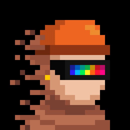 A pixel art figure with orange hair wearing a VR headset displaying a rainbow spectrum, set against a black background.