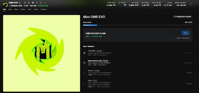 The image shows the “OMMI EVO” minting dashboard, with “Mint OMR EVO,” an OMRI holder claim priced at 1,000 OMR, and a listed supply of 420/3,333. It supports the accompanying post about minting during the OMMI EVO whitelist phase, tagged #NFT #RH #OMREVO.