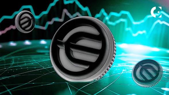 Three black coin-like tokens with a stacked logo displayed against a digital background with rising chart lines.