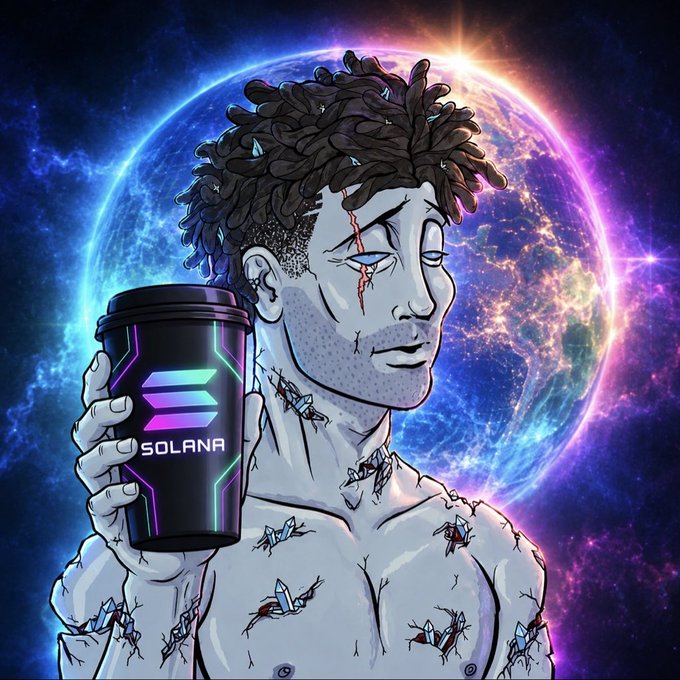 A stylized digital illustration of a man with dreadlocks, facial scars, and alien-like markings holding a black cup with the 'SOLANA' logo, set against a cosmic planet backdrop.