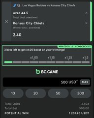 A screenshot of a sports betting app on BC.GAME showing odds for a match between LA Galaxy and Kansas City Chiefs, with a bet selection of over 44.5 and a potential win of 130.90 USDT.