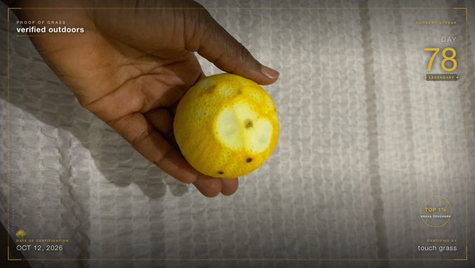 A 'Proof of Grass' verification image showing a hand holding a yellow citrus fruit with a smiley face carved into it, dated OCT 12, 2026, with a 'Current Streak: DAY 78' counter.