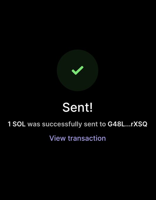 A dark-themed confirmation screen with a green checkmark displays "Sent!" indicating that 1 SOL was successfully sent to address "G48L…rXSQ," with a "View transaction" link below—visually verifying the crypto tip mentioned in the congratulatory post to @Realisrare__101.