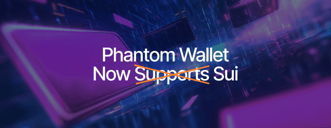 A digital graphic with a purple and dark tech-themed background displays the text "Phantom Wallet Now Supports Sui," with the word "Supports" crossed out in orange to reflect the post's news that Phantom is ending its Sui blockchain integration after just 20 months, effective September 24.
