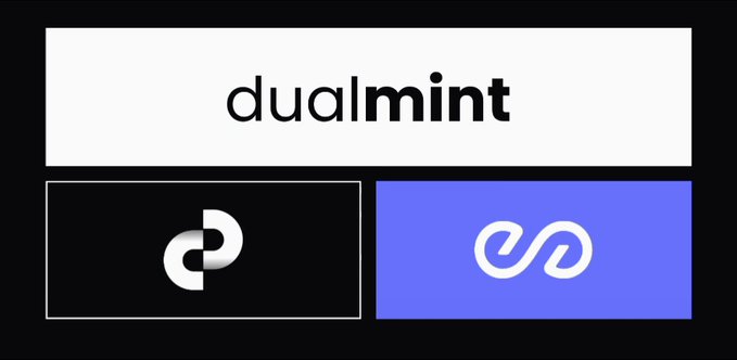 The image shows the "dualmint" logo prominently displayed at the top, with the peaq logo on a black background to the left and an infinity symbol on a purple/blue background to the right, visually representing the partnership between DualMint and peaq for tokenizing real-world machines as referenced in the post.