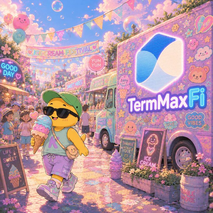 A colorful, vibrant illustration of a yellow mascot character wearing sunglasses and holding an ice cream cone at an "ICE CREAM FESTIVAL," standing next to a branded "TermMaxFi" truck with cheerful decorations.