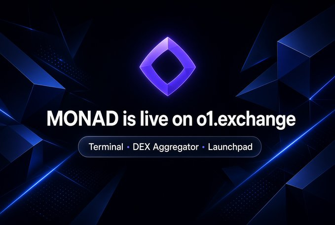 A promotional graphic with a dark blue geometric background featuring a purple diamond logo and text announcing 'MONAD is live on o1.exchange' as a 'Terminal · DEX Aggregator · Launchpad'.