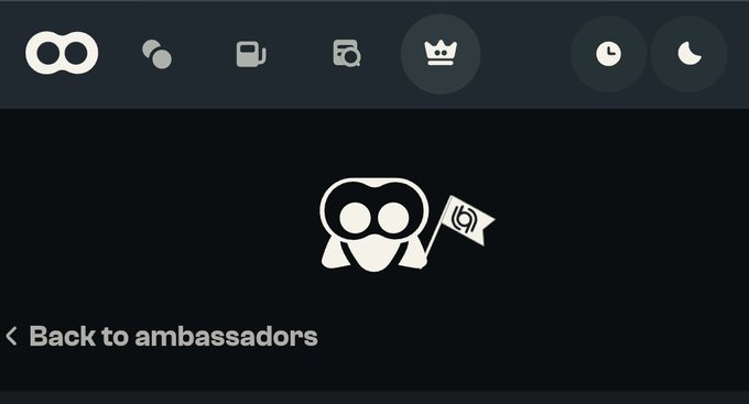 A dark-themed mobile app interface showing a mascot holding a flag with the text '< Back to ambassadors' and navigation icons at the top.