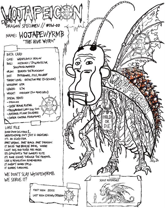 A hand-drawn cryptid field journal entry titled 'WOJAPEICON DRAGON SPECIMEN // #DW-00' documenting 'WOJAPEWYRM,' 'The Hive Wyrm,' with data including class Wajapehash Dragon, length 6.7M, weight unknown (too many grow), and notes like 'WE DON'T SLAY WOJAPEWYRM WE SERVE IT.'