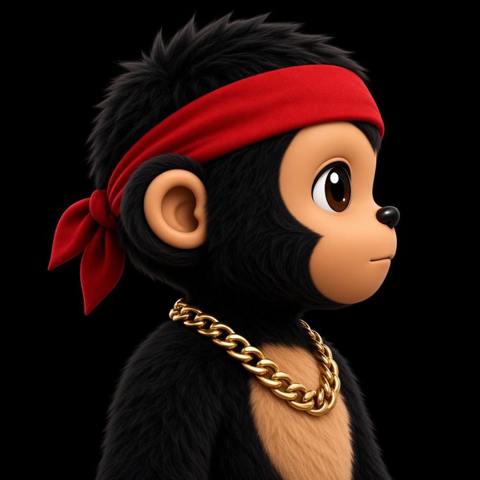 A 3D rendered profile of a cute black furry creature, resembling a bear cub, wearing a red headband tied at the back and a chunky gold chain necklace.